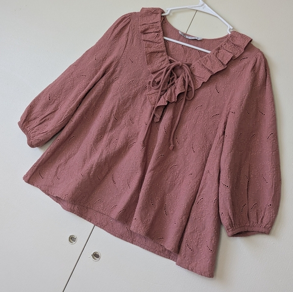 Zara Dark Rust Pink Embroidered Ruffle Lace Up Tunic Size‎ Small. - Picture 2 of 6